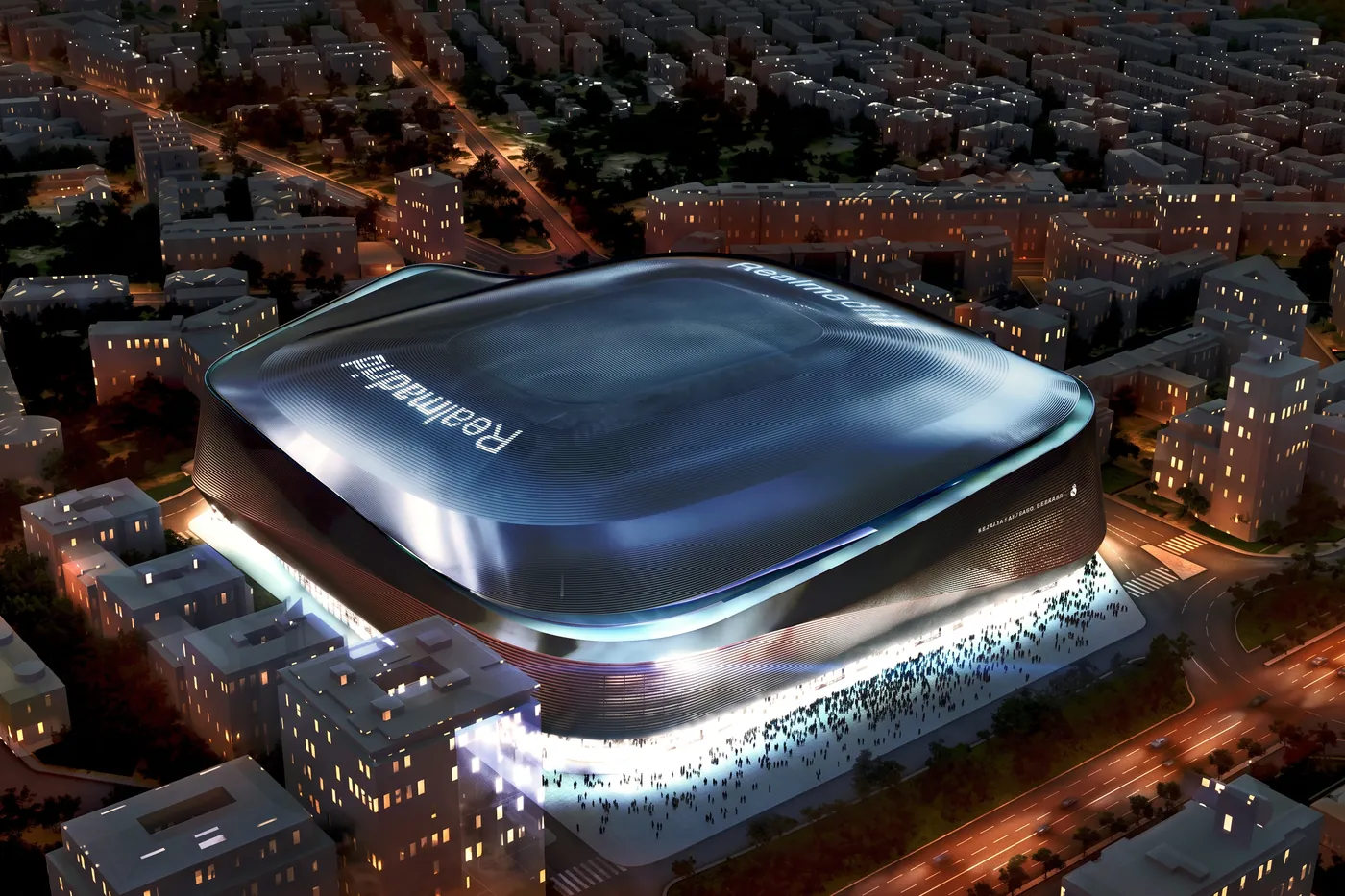 El estadio Santiago Bernabéu iluminado de noche