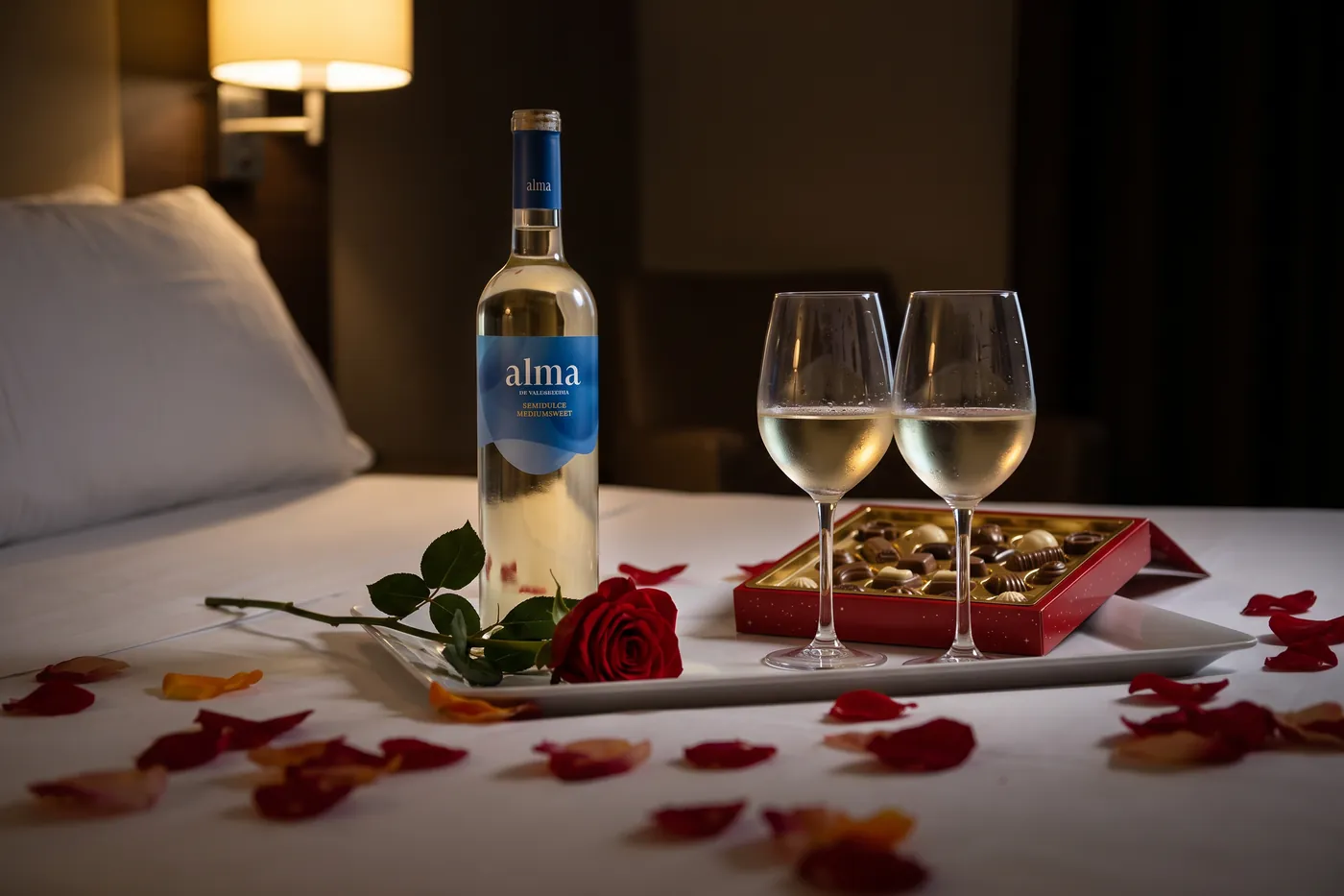 Bandeja sobre la cama con una botella de vino blanco, dos copas, una caja de bombones y una rosa roja, con pétalos en las sábanas